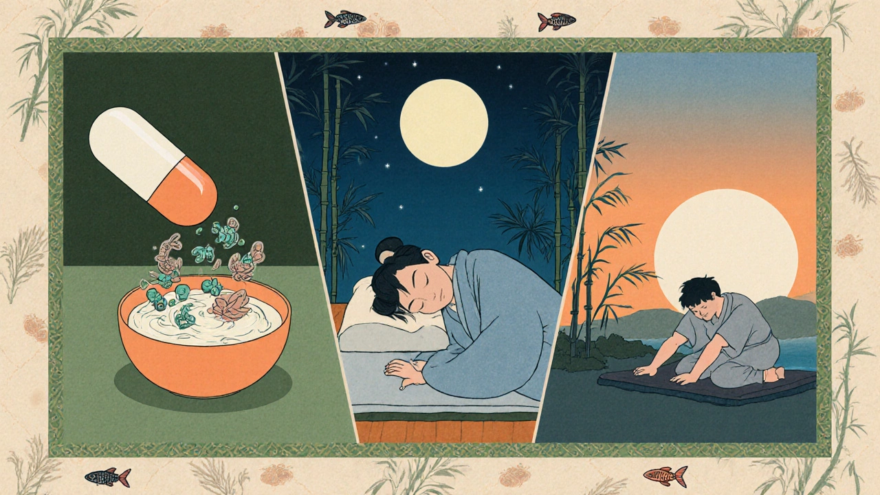 Daglig rutine med probiotikk: kapsel, yoghurt, søvn på futon og morgenstrekk i ukiyo‑e stil.