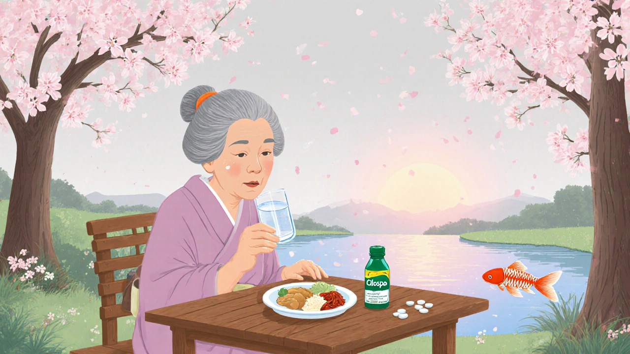 En eldre pasient drikker vann og spiser et måltid mens hun tar Colospa, omgitt av rolig japansk landskap.