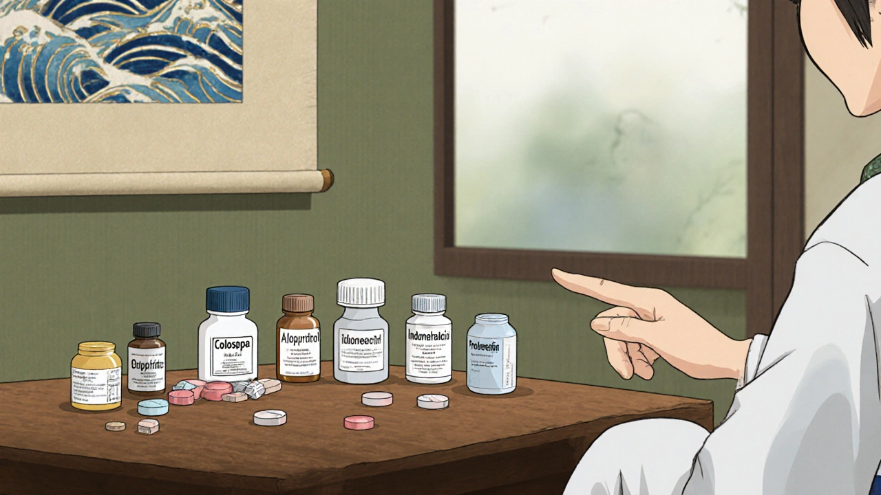 En lege viser flere piller på et brett for å sammenligne gouttmedisiner.