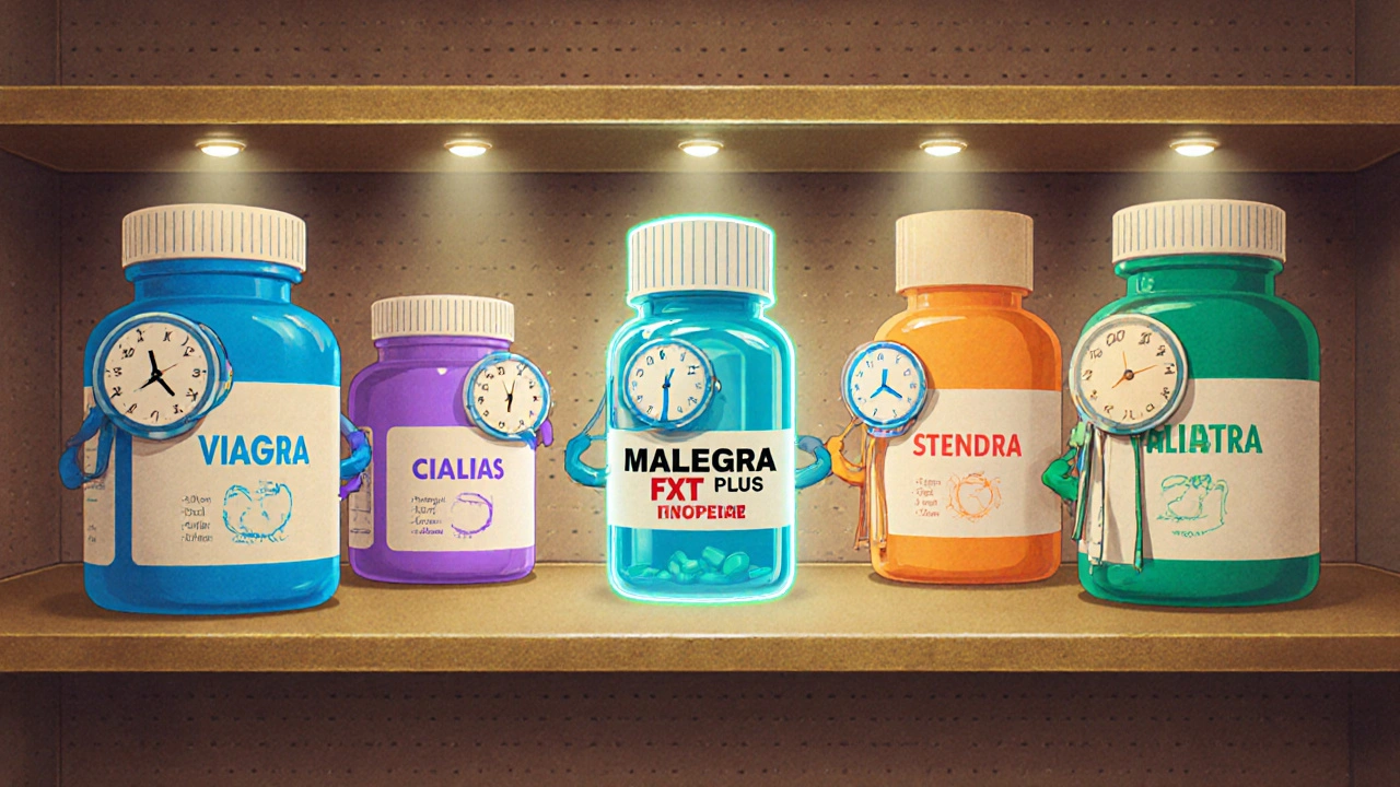 Fem tegneseriefigurer med fargerike pillflasker viser ulike ED‑produkter ved siden av Malegra FXT Plus.