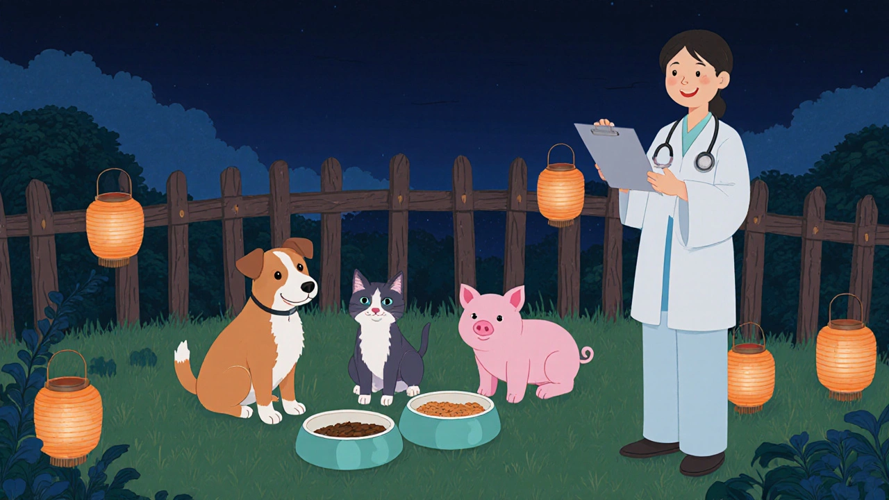 Glade dyr spiser etter behandling, med veterinær i bakgrunnen, i ukiyo‑e stil.