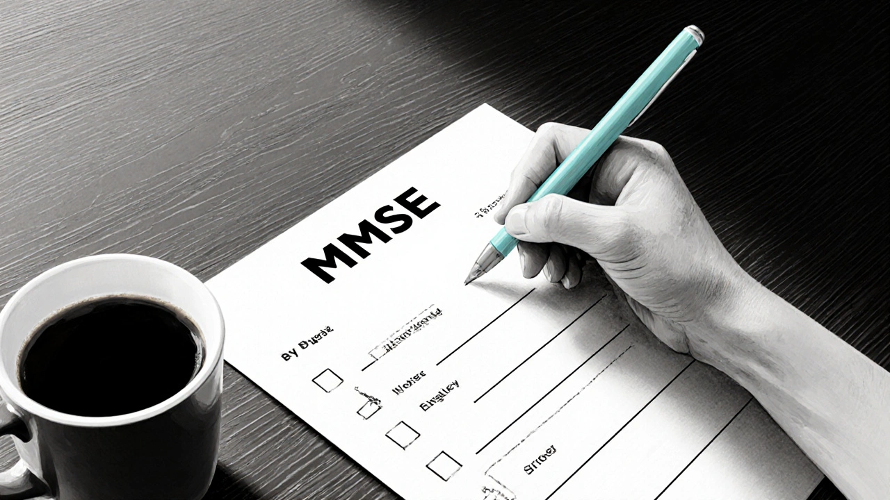 Hånd skriver på MMSE‑skjema på skrivebord, symboliserer hjemme‑testing.