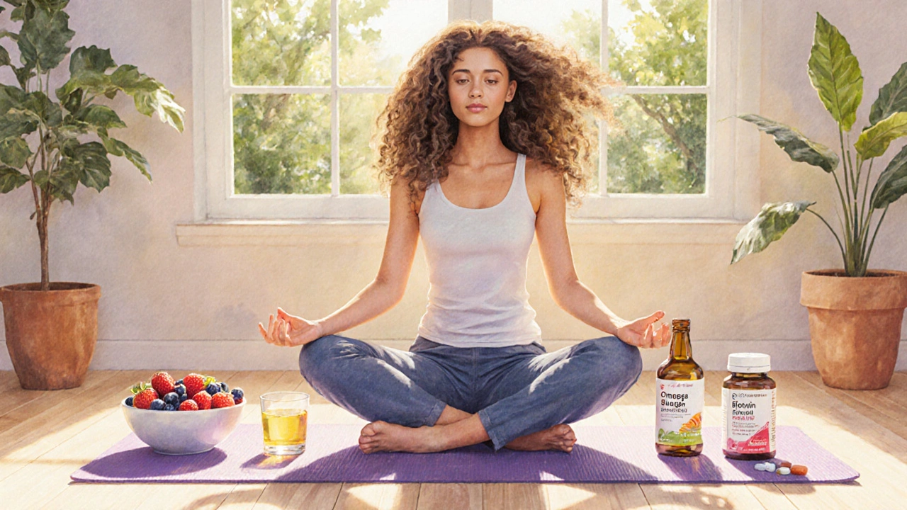 Kvinde gjør yoga omgitt av sunne kosttilskudd og viser tykkere hår i sollys.