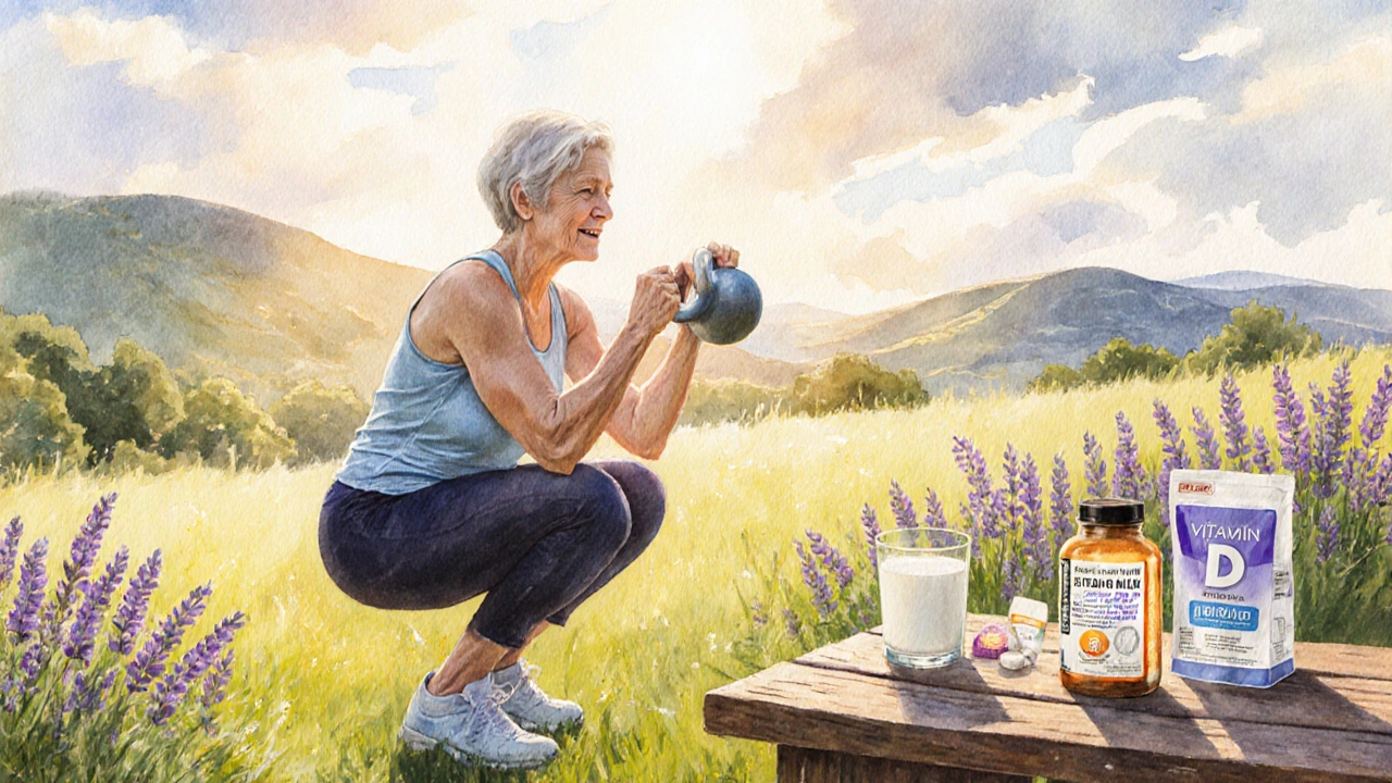 Kvinner gjør knebøy ute, med kalsium‑ og vitamin‑D‑tilskudd ved siden.