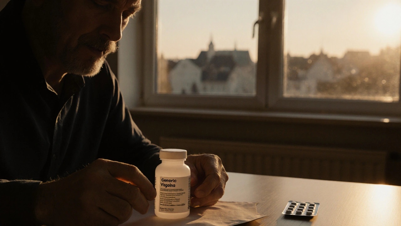 Mann åpner leveringspose og ser en liten flaske med generisk Viagra på kjøkkenbordet.