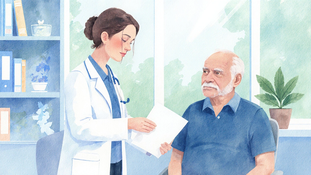 Nevrolog konsulterer eldre mann i lys klinikk, understreker tidlig undersøkelse.