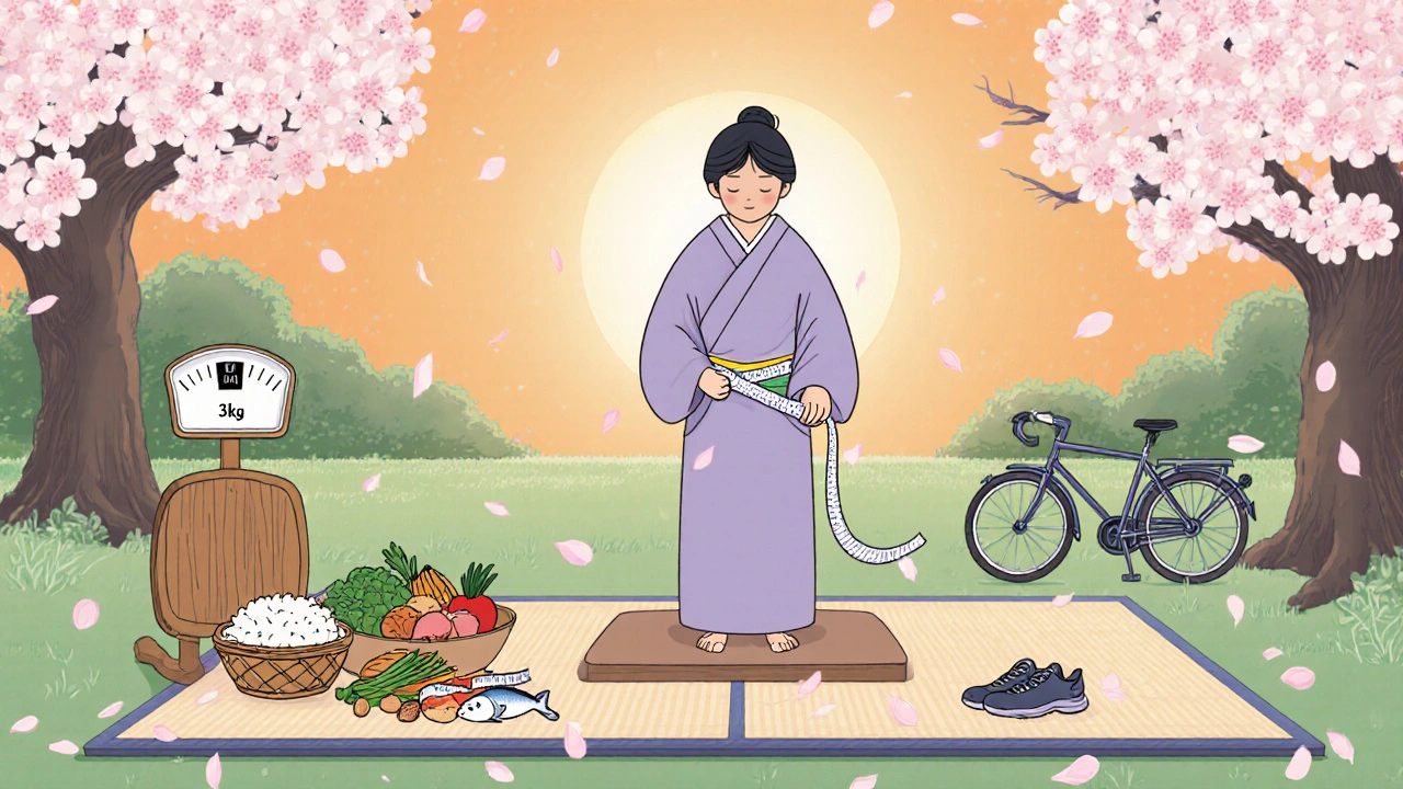 Person måler midje og ser på skala, mens sunne matvarer og treningsutstyr er i bakgrunnen i ukiyo-e stil.
