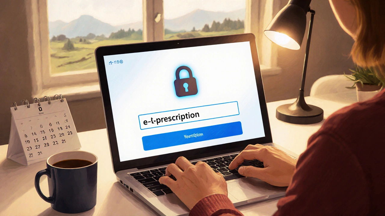 Person skriver inn reseptkode på laptop, skjermen viser sikker e‑resept‑portal med låsikon.