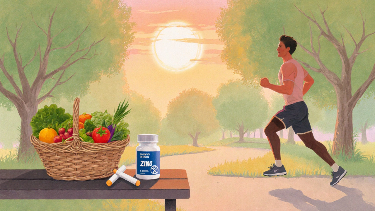 Sunn livsstil med jogging, kosttilskudd og røykeslutt som støtter erektil helse.