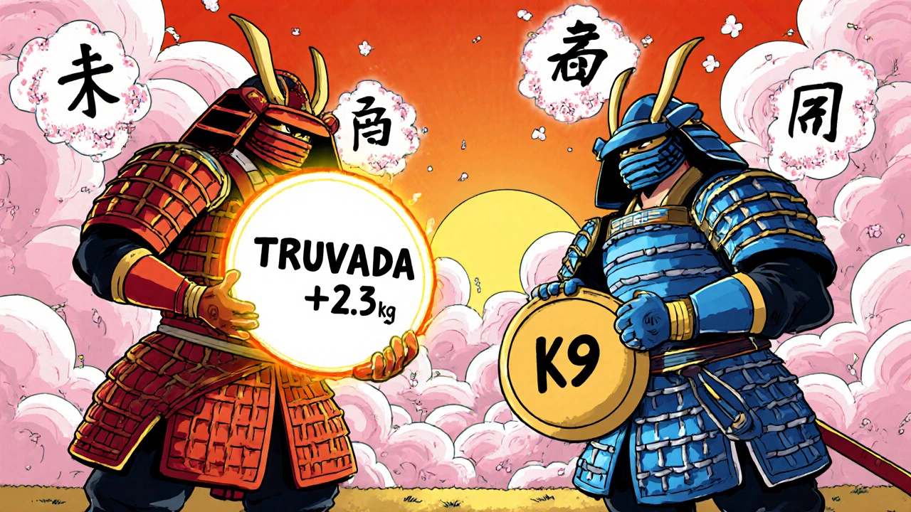 To samuraier representerer Truvada og Descovy med ulik vektøkning i ukiyo-e stil.