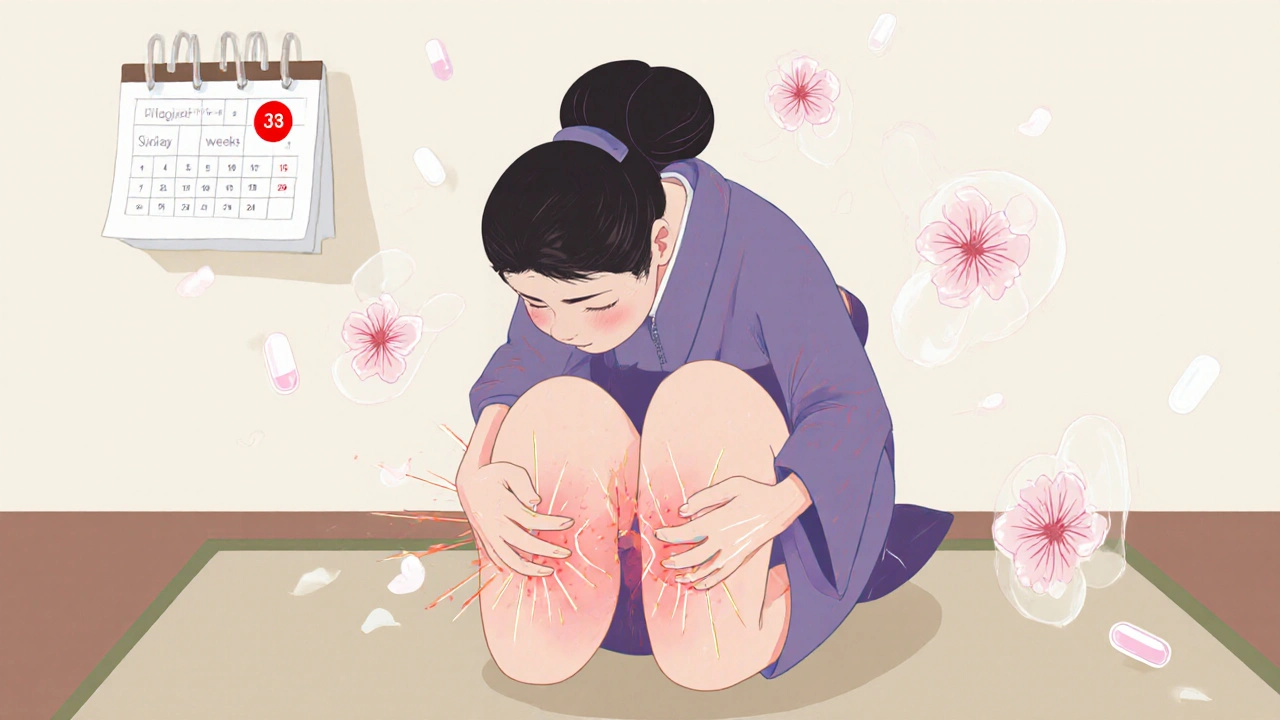 Ukiyo-e‑bilde av kvinne med kne‑smerter og kalender som viser tre uker.