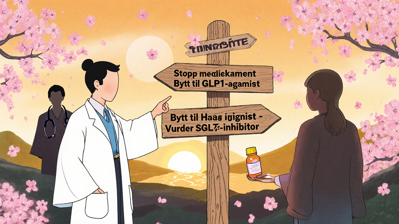Ukiyo-e‑tegning av lege som viser behandlingsskifte med stein‑skilt.