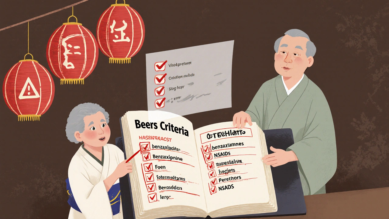 Apotekar og pasient ser sammen på Beers-kriteriene med en liste over farlige legemidler.