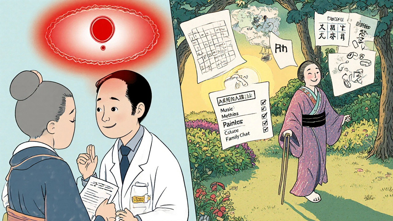 Delvis bilde: legemiddel vs. naturlig omsorg — eldre som går i hage med tegn på ikke-farmakologiske tiltak.