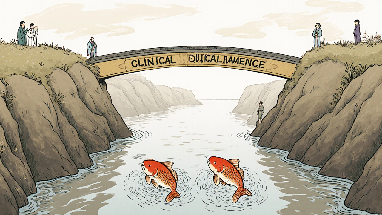 En elv med like fisk på hver side, symboliserer biosimilarskifte, med leger og pasienter som ser på fra bredden.