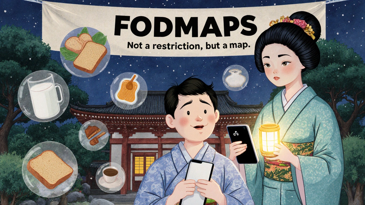 En kostveileder viser en pasient skjulte FODMAP-er i mat med et lyseglødende app-skjerm.