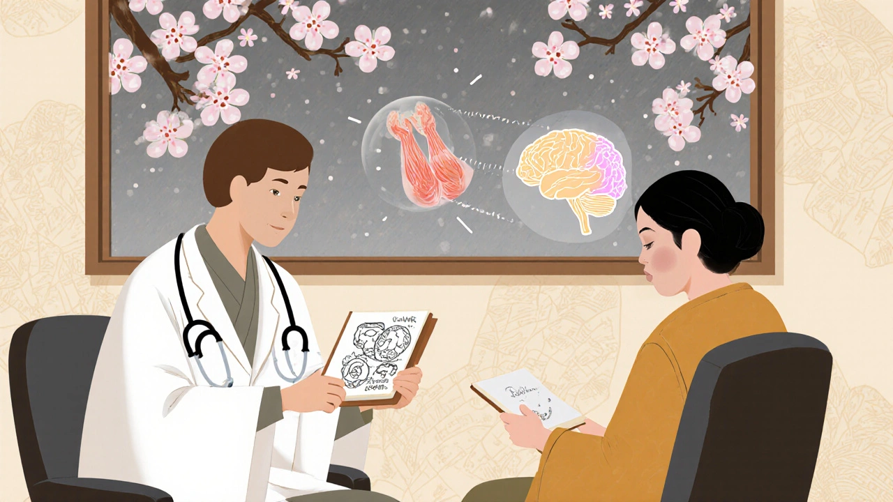 En lege og pasient snakker om søvnproblemer, mens en gjennomsiktig oversikt viser muskelsmerter og søvnsyklus, kirskeblomster faller utenfor vinduet.