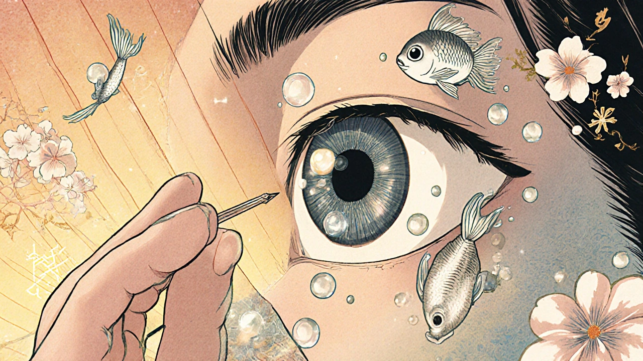 En nål injiserer sølvfisker i øyet, mens blomster simmer rundt i traditionell japansk stil.