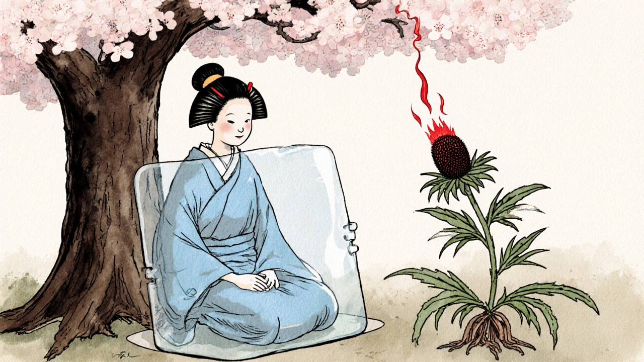 En pasient med transplantert organ og en echinacea-plante som bryter gjennom en medisinsk beskyttelse.