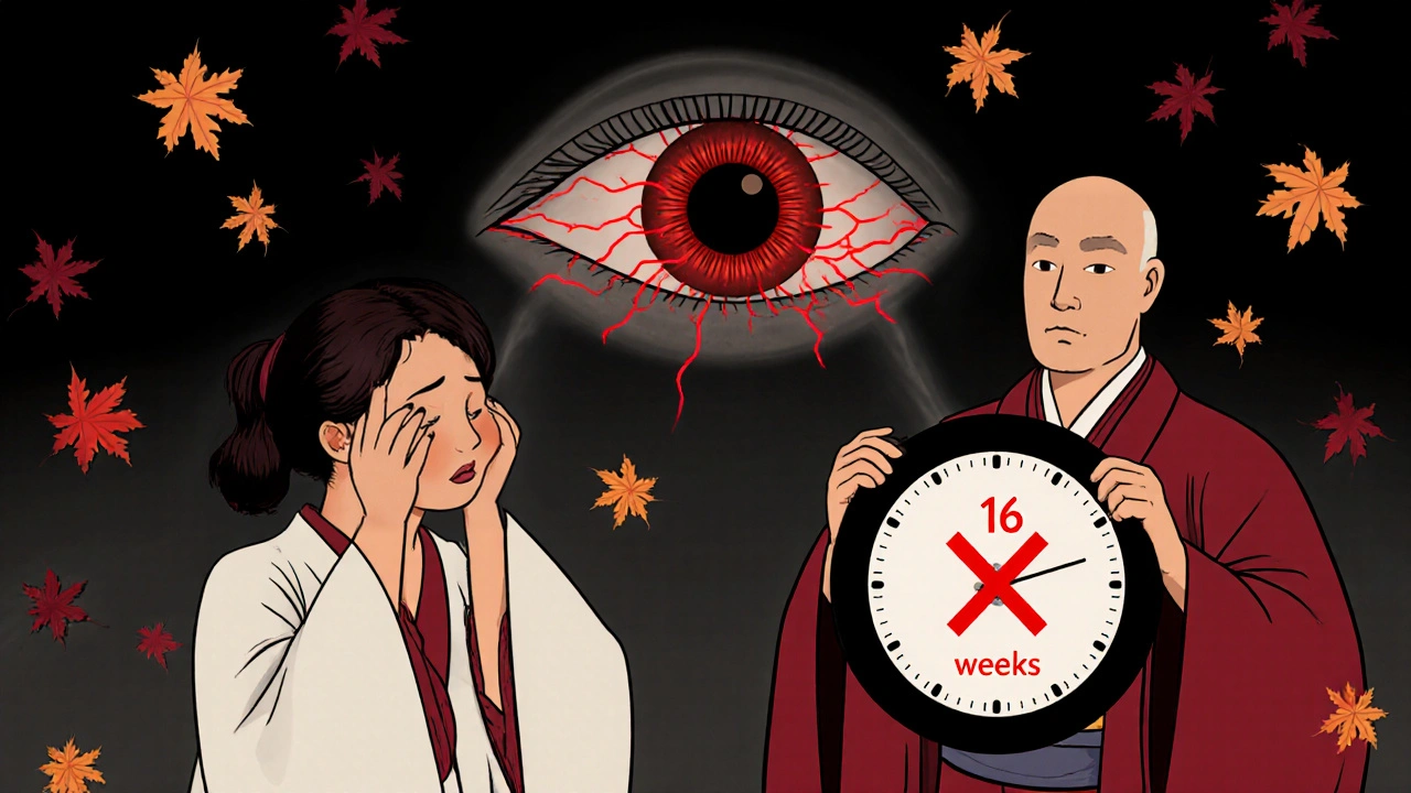 En person holder øynene lukket mens en skummel øye-årsak vokser bak dem, med en lege som viser en klokke med 16 uker.