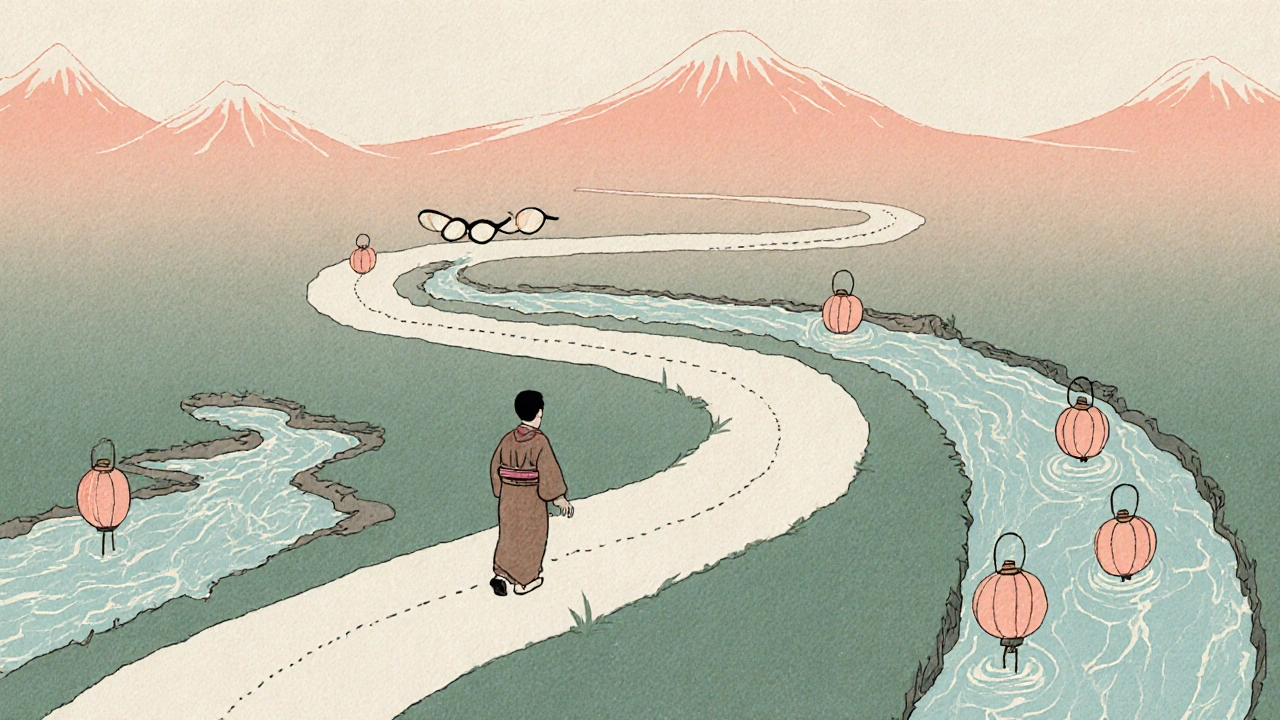 En reisende følger en åre gjennom tre stadier — ren, blokkert og gjenopprettet — i ukiyo-e stil.