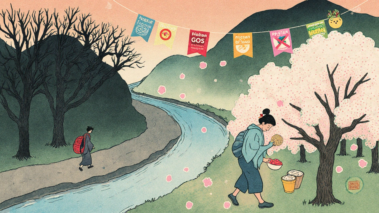 En vandrer følger en vei med tre faser av FODMAP-kost, med blomstrende trær og testflagg.