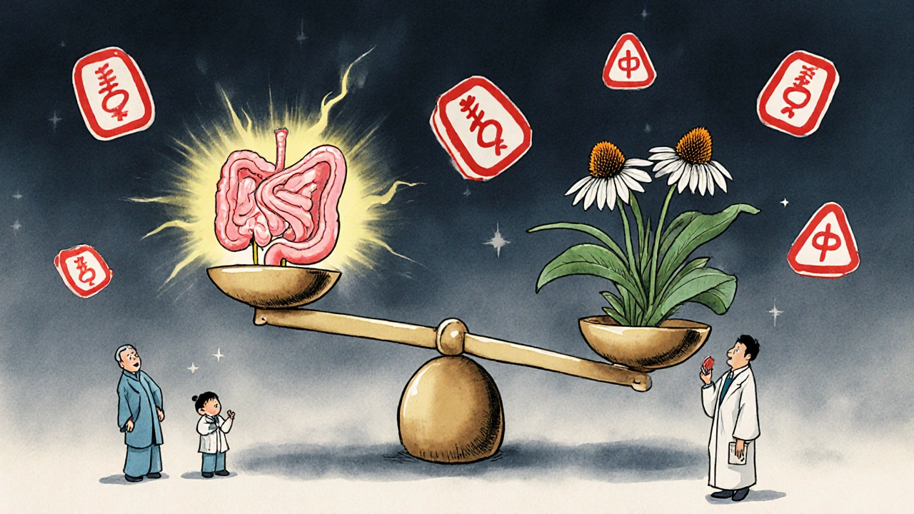 En vekt som vifter under trykket fra echinacea, mens et sunnt organ faller, med tradisjonelle advarselsymboler rundt.