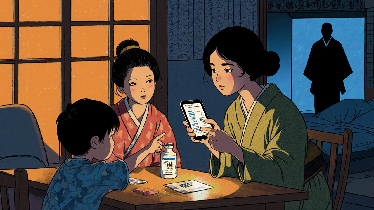 Familie ved kjøkkenbord med feil oversatt legemiddelinformasjon og sykehus skygge i bakgrunnen.