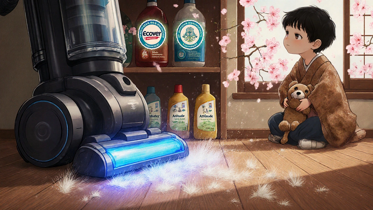 HEPA-støvsuger sukker opp støv og pels fra gulvet, mens sertifiserte rensespray ligger på hylla.