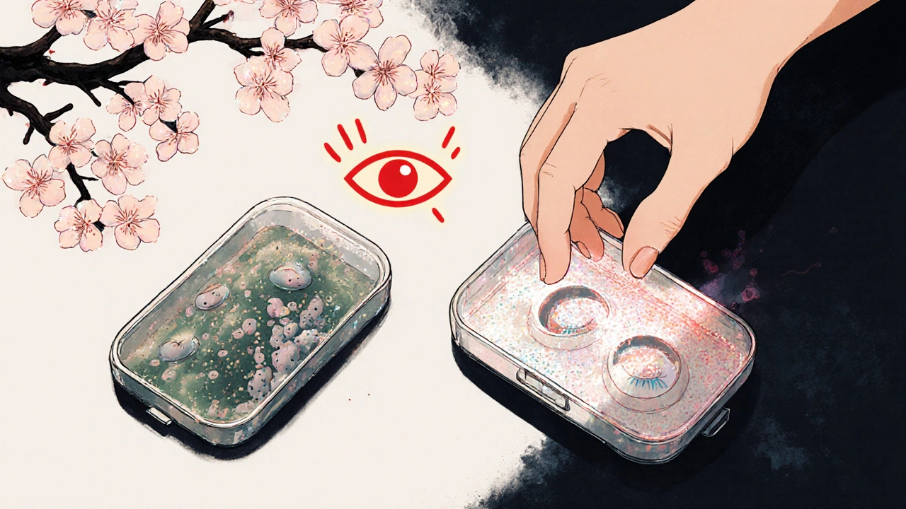 Kontaktlinsekasse med ny løsning, gammel kasse med bakterier i skyggen.