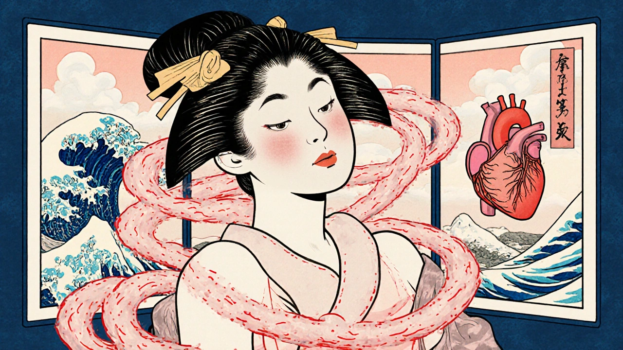 Kvinne får kjemisk stressprøve med blodårer som blomstrer og visner i ukiyo-e stil.