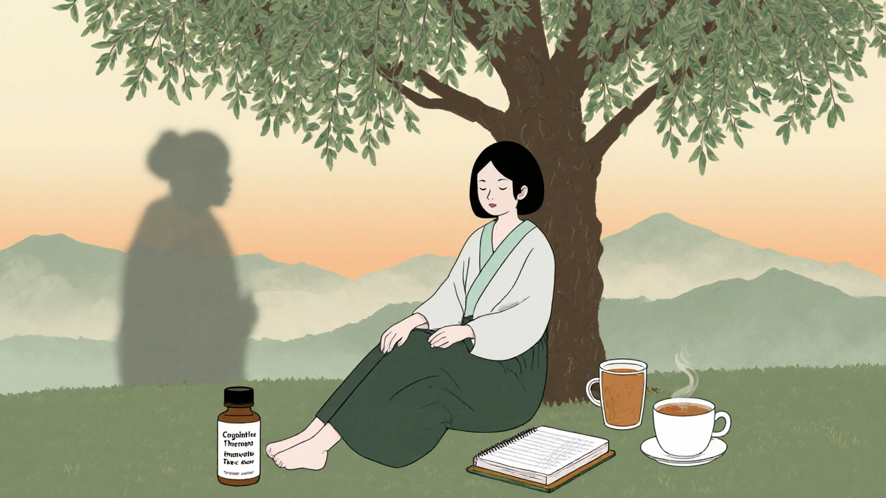 Kvinne sitter under en ved, omgitt av ikke-hormonelle alternativer mot menopausesymptomer.