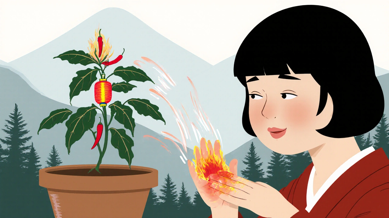 Kvinne tester capsicain-gel med en brennende chili-plante i bakgrunnen, symboliserende tidlig ubehag og sen lindring.