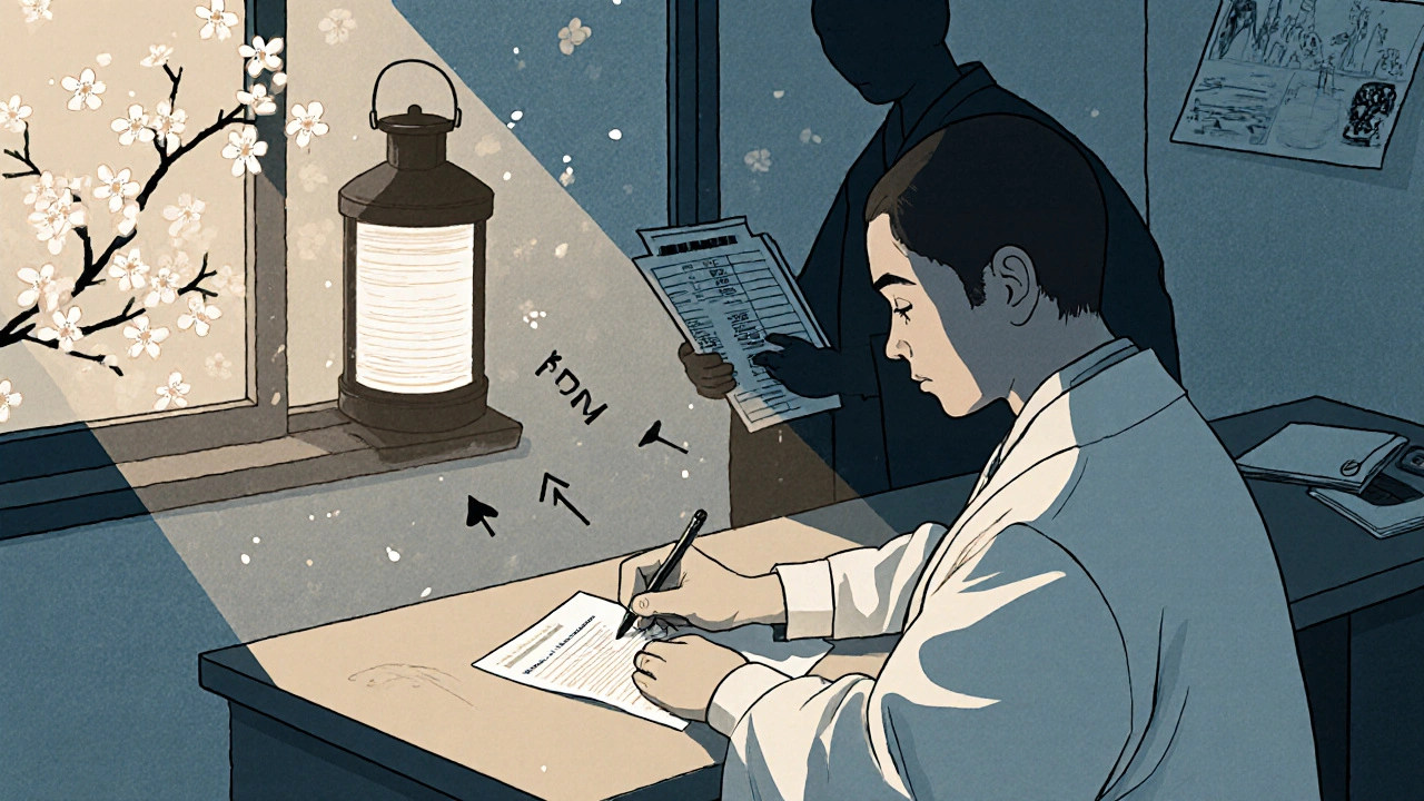 Legen skriver resept mens en usynlig mellommann tar pengene i bakgrunnen.