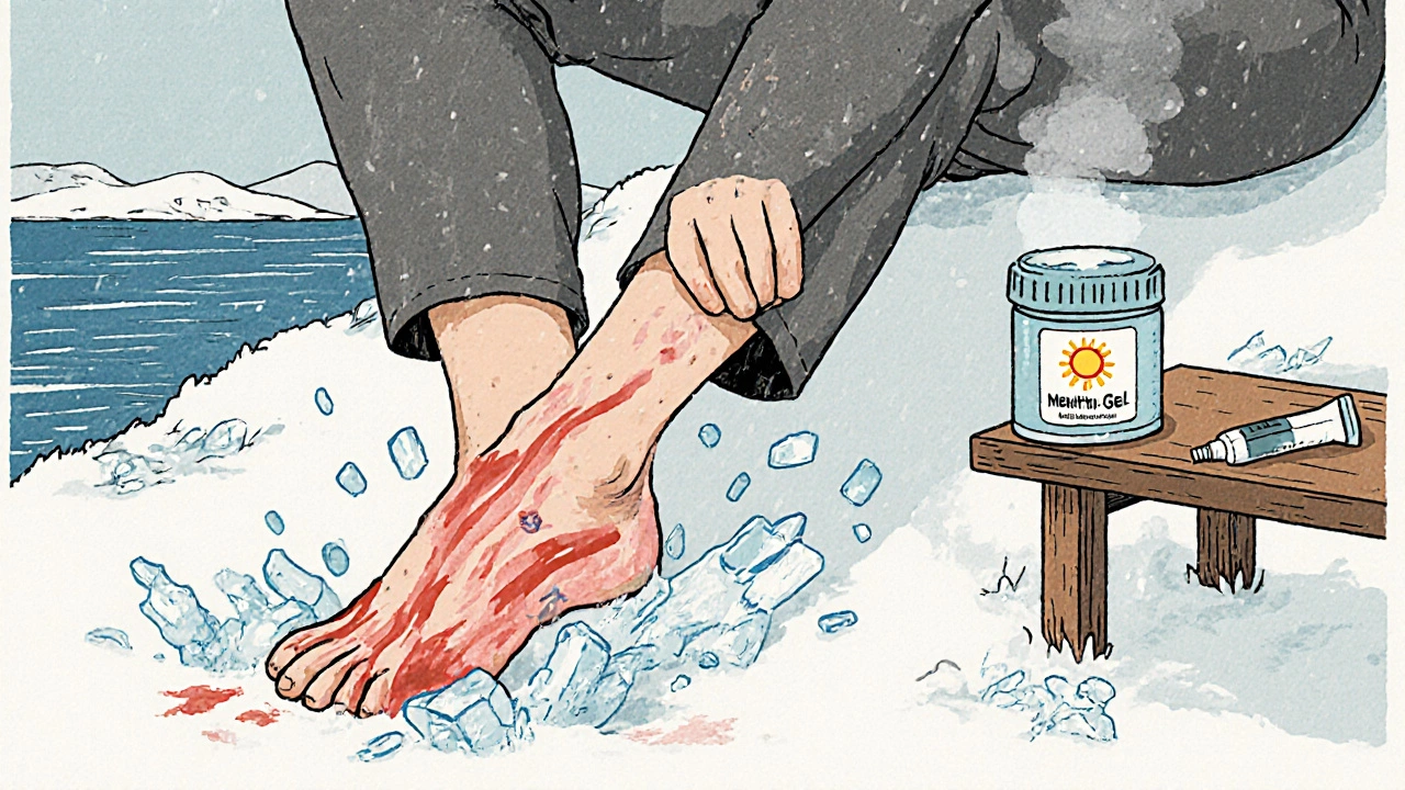 Mann bruker heparin-gel på svulstet ankelen mens kjølig mist og blåmerker løser seg opp i snøen.