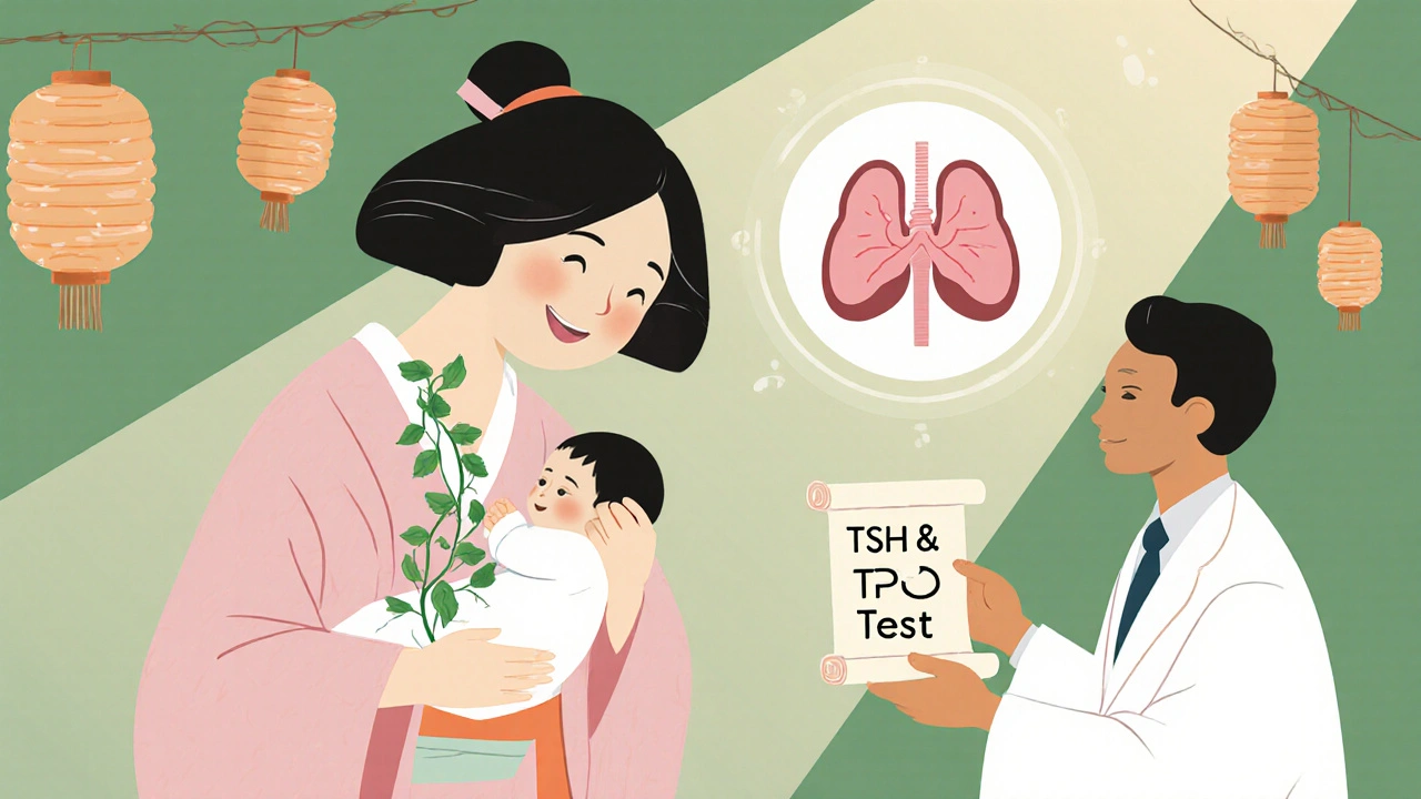 Mor ammer barnet i sollys, en helbredende lyskilde omgir henne og en lege holder en testskjema.