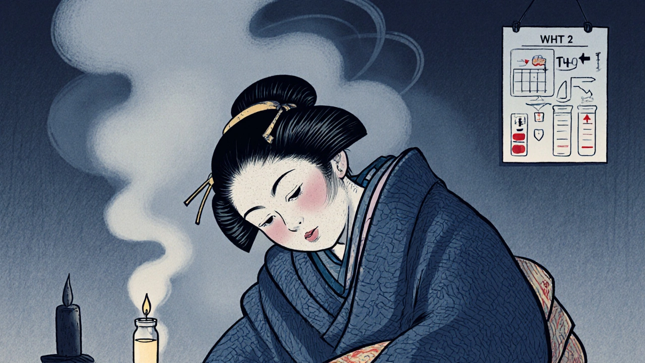 Mor i vinterklær, frysende ved peisen, med tørr hud og tynnt hår, en blodprøve lyser i bakgrunnen.