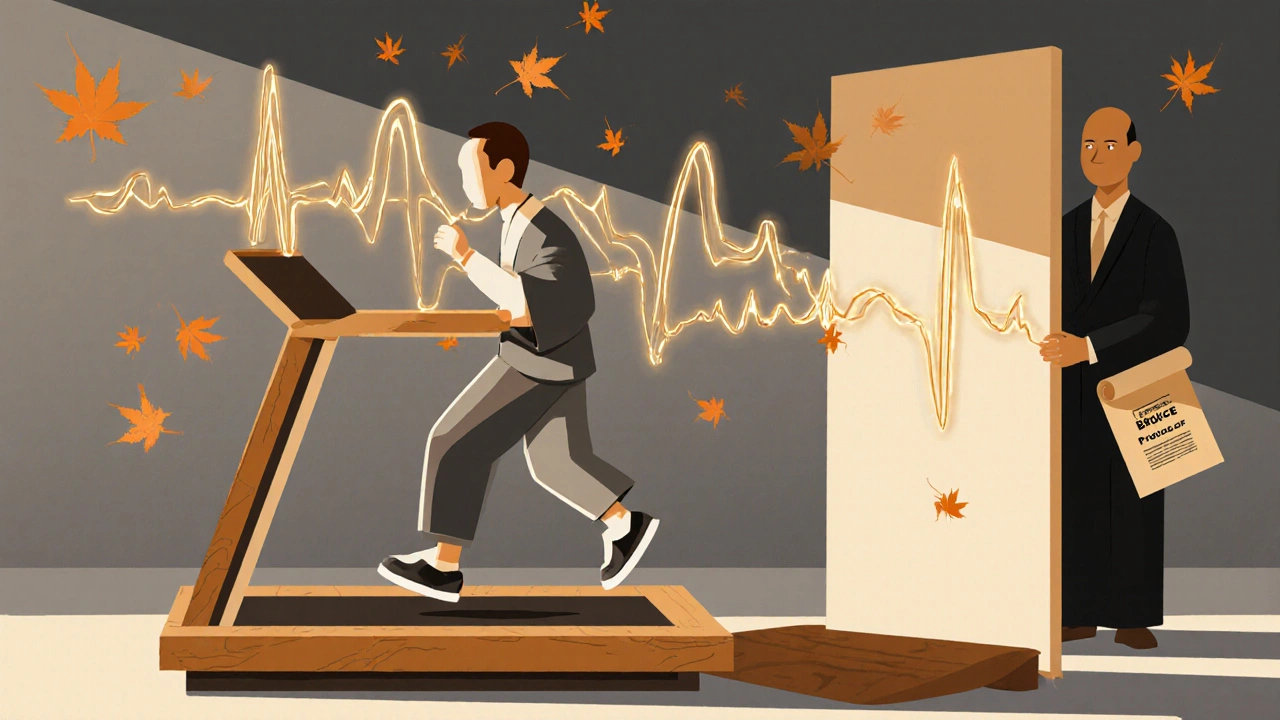 Pasient går på løpebånd mens ECG-bølger som gylne ribber stiger opp over dem i ukiyo-e stil.