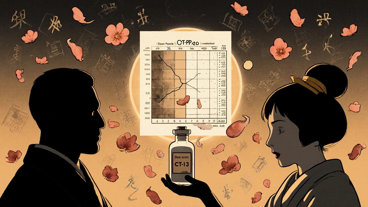 Pasient holder en biosimilar-vial mens angst forsvinner som blader, og en DAS28-diagram henger som en mandala i luften.