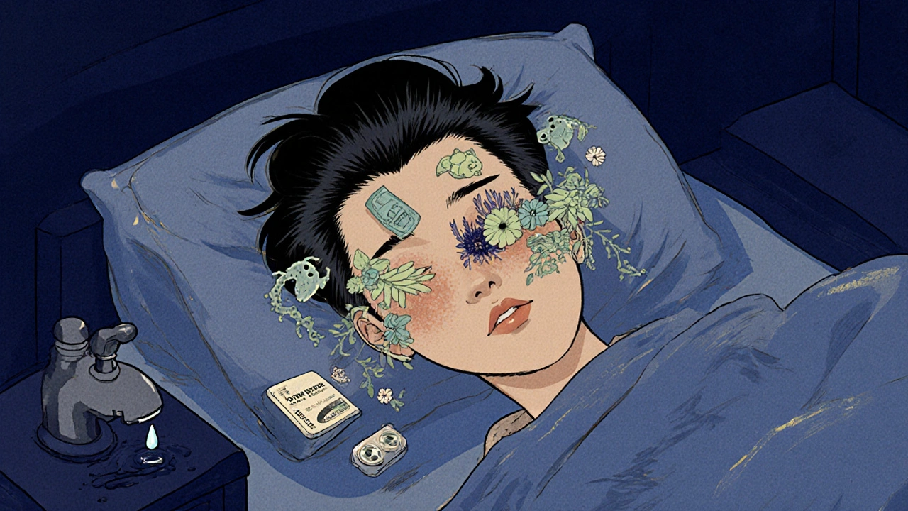 Person sover med kontaktlinser, mens mikrober kryper på øyelokkene.