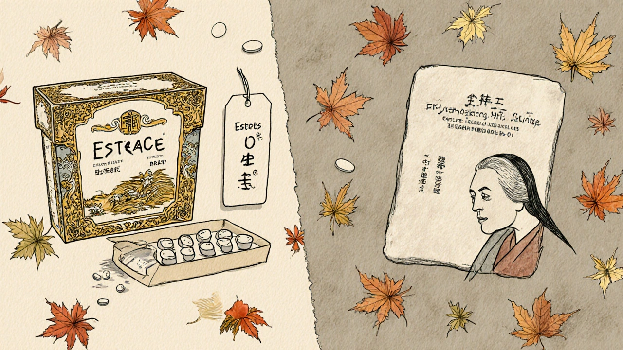 Sammenligning av dyr Estrace og billige generiske tabletter med blad som faller.