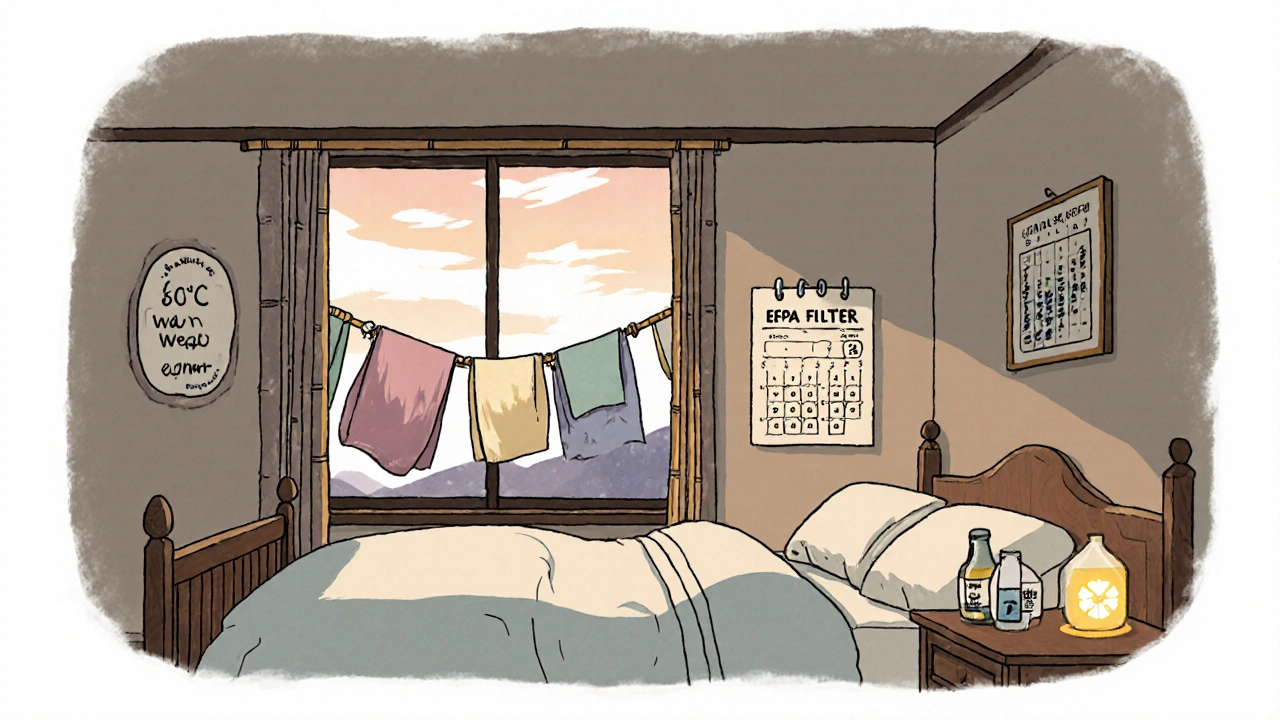 Soverom med vasket sengetøy på linje, kalender med rensesirkel og EWG-score på veggen.