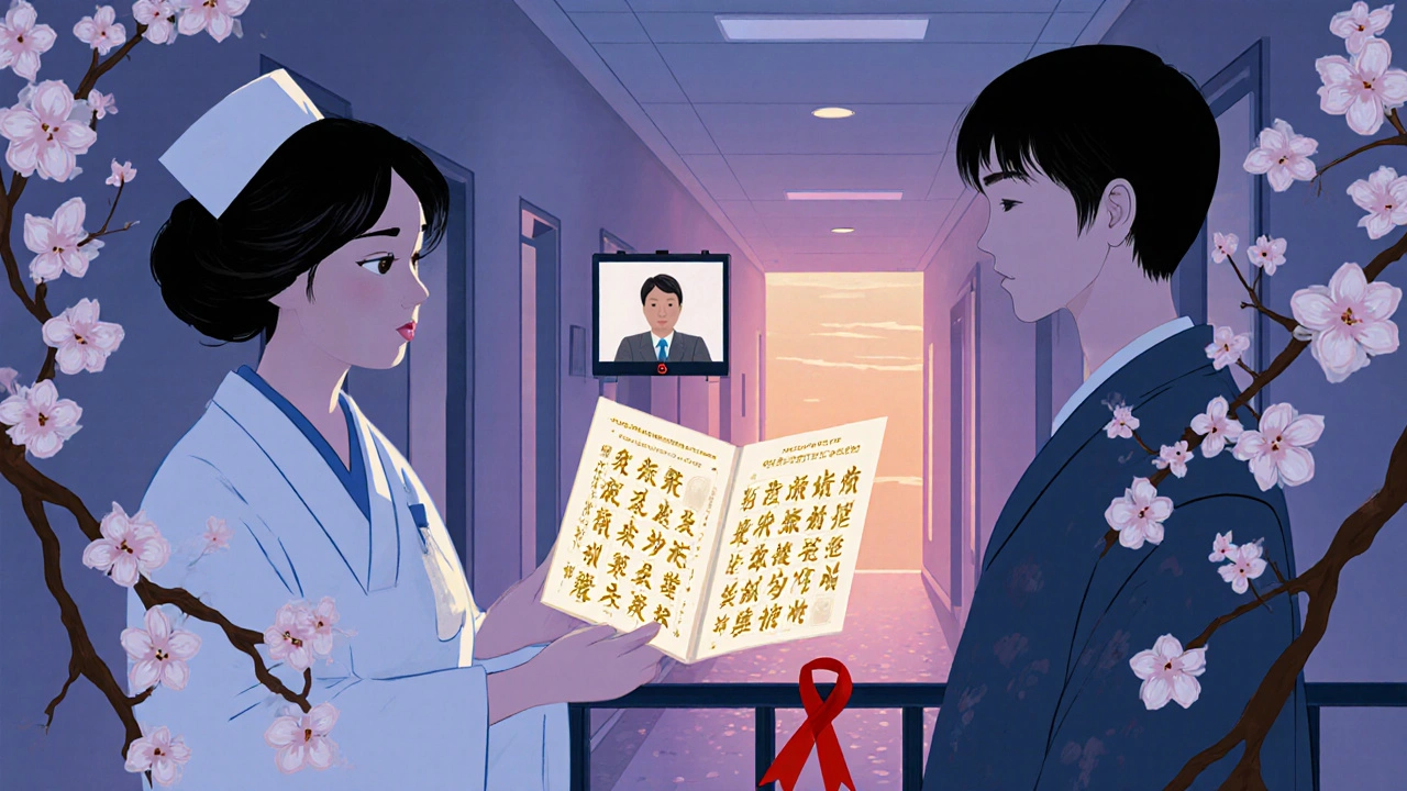 Sykepleier gir pasienten godkjent legemiddelinformasjon under kirschblomstergrener i morgenlys.