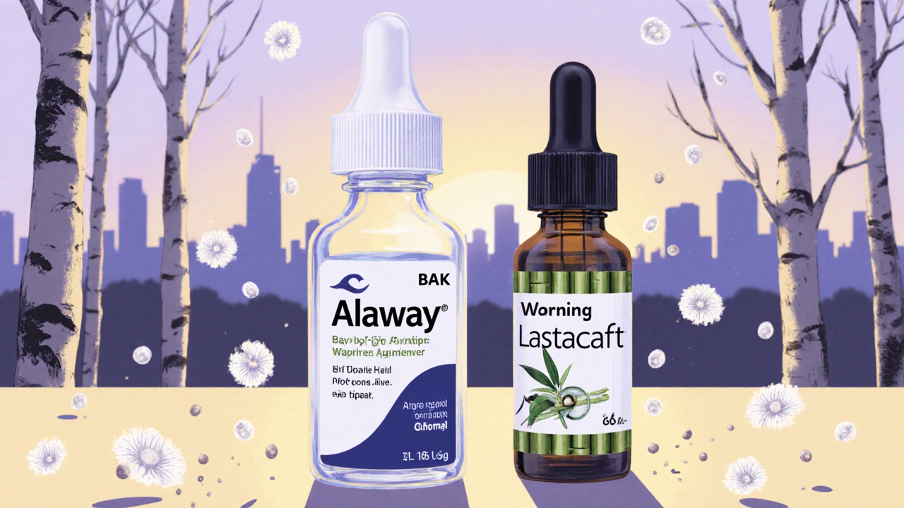 To øyedråpeflasker side om side – en vanlig og én-dosis – omgitt av pollen og støv som tegnede blad.