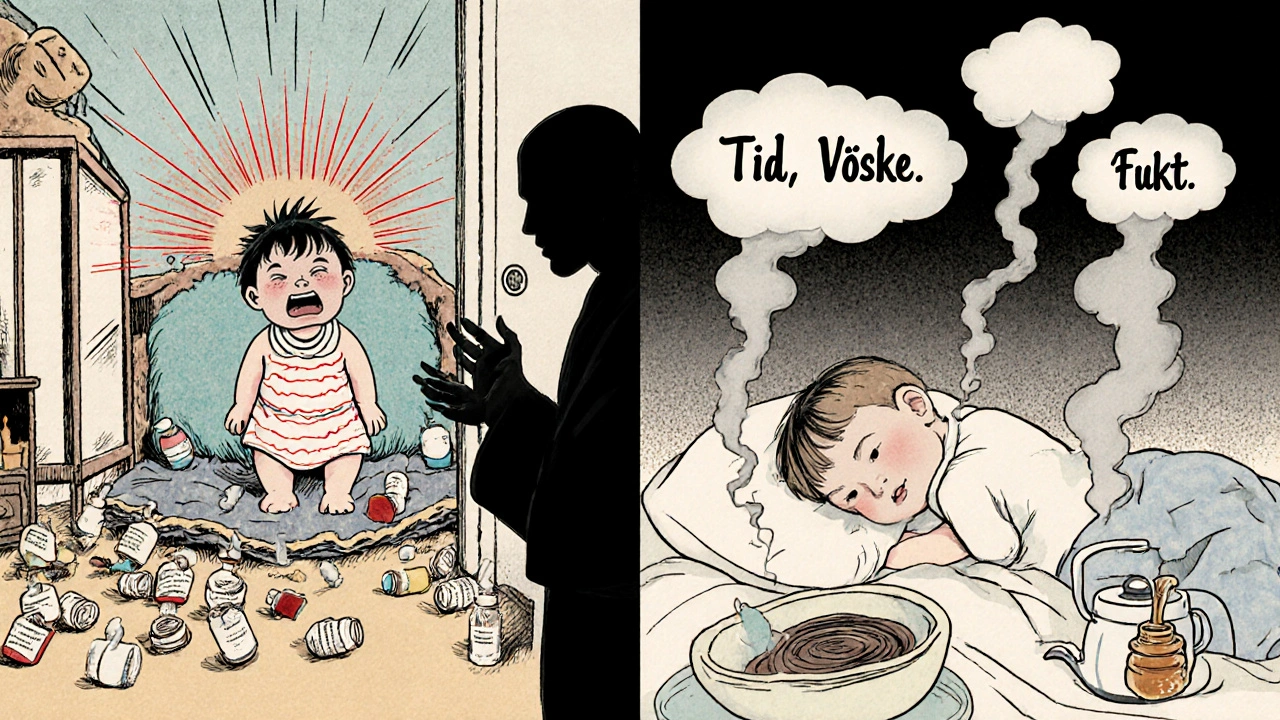 To scener: en side med farlige medisiner og uro, den andre med ro, fukt og honning.