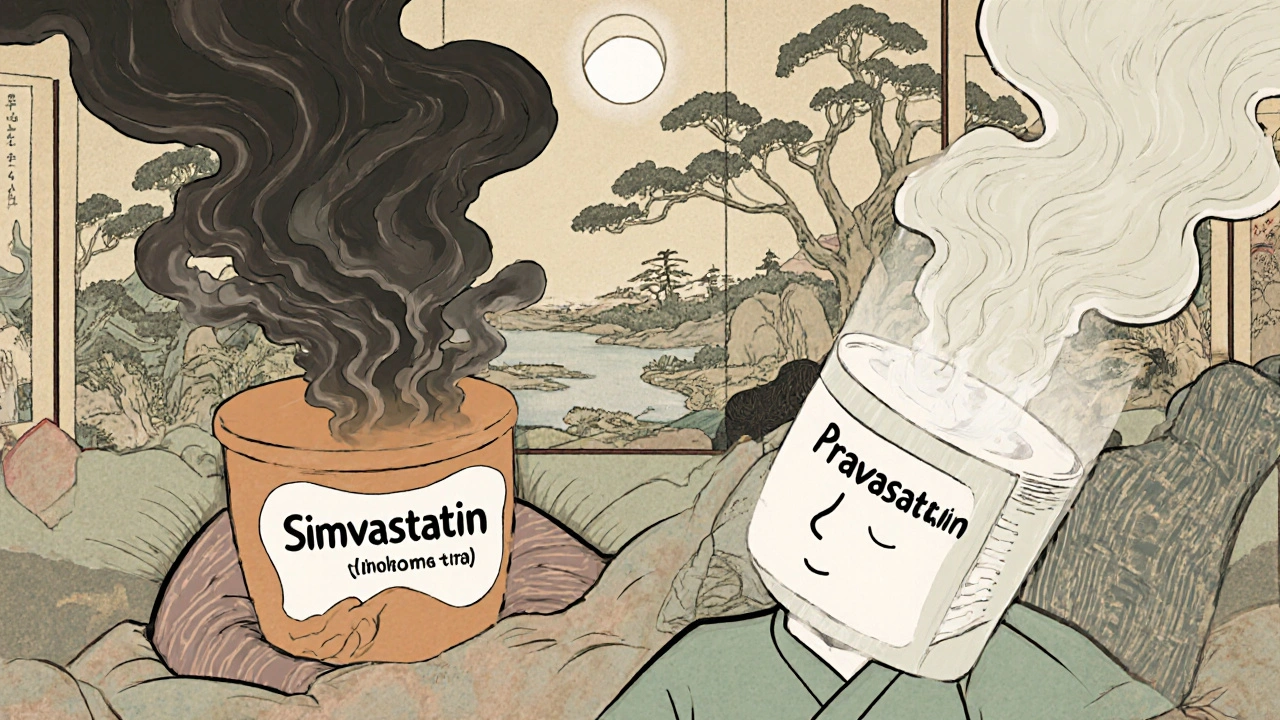 To statin-piller i kontrast: en forårsaker kaotiske drømmer, den andre lar sovende personen være i fred, bak dem en tradisjonell japansk skjerm.