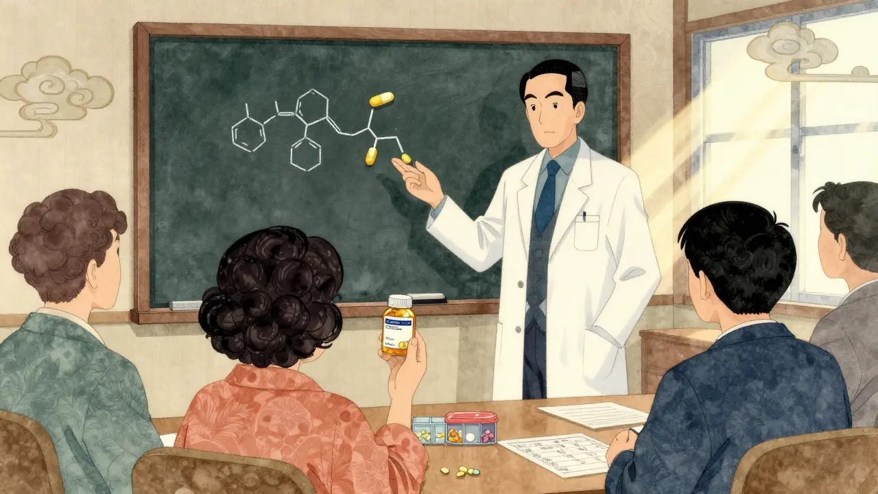 Apotekeren forklarer forskjellen mellom generiske og merkevarelegemidler til pasienter.