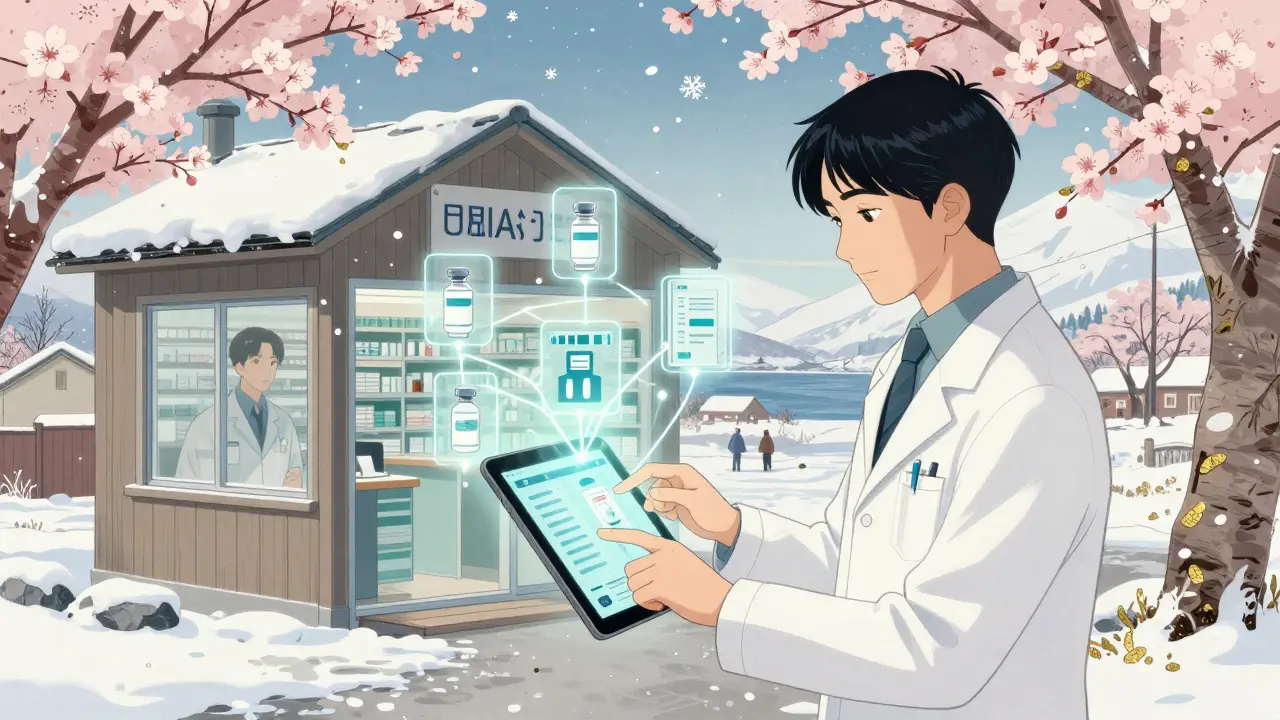 Apotekeren kobler vaksineinformasjon til det digitale helsekartet i et lite apotek.