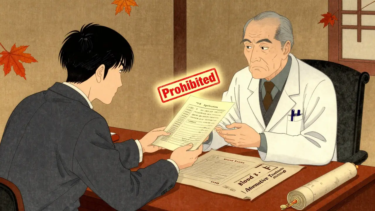 Athlet og lege ved bord med TUE-dokumenter og forbudt-stempel.