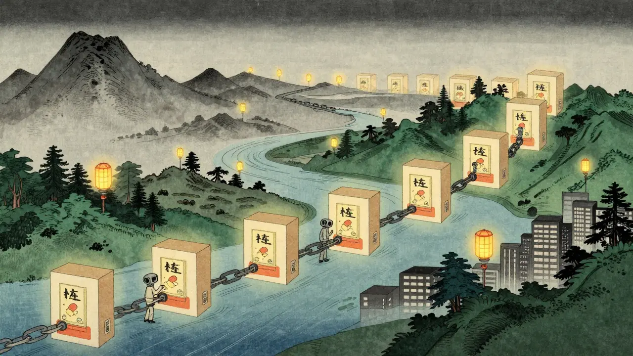 Digitale blokker flyter som en elv gjennom landskap, symboliserer legemiddelkjeden.